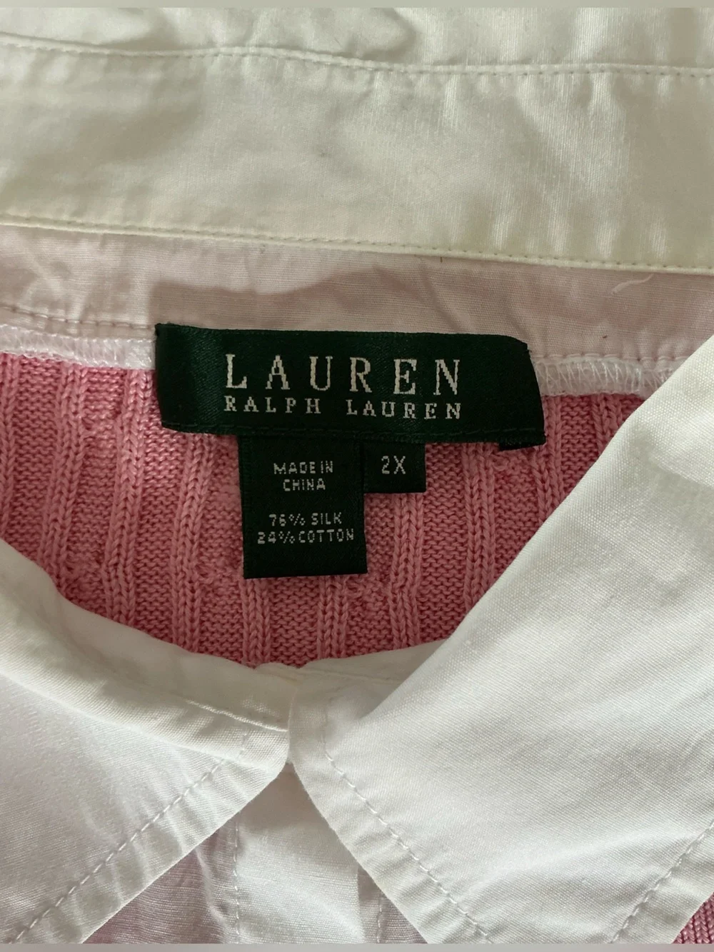 Lauren Ralph Lauren Pink Silk Blend Cable-Knit Sweater with White Collar 2X